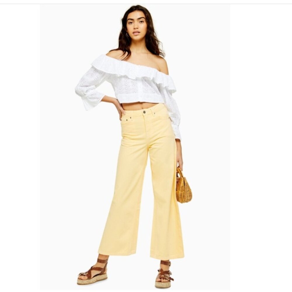 TOPSHOP NEW Wide Leg High Waist Crop Jeans Cotton Pale Yellow Pant Zip Preppy 28